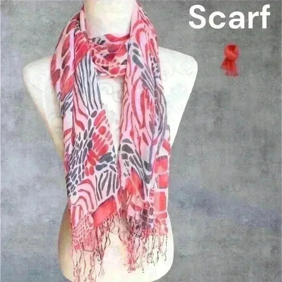 Scarf w/fringes red  blue and white - Picture 5 of 9